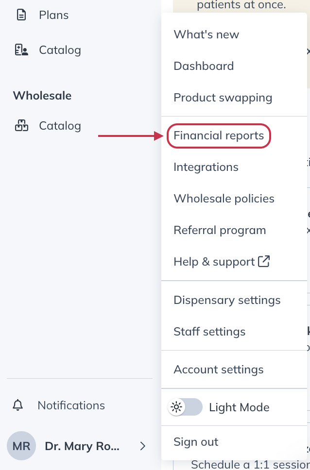 Practitioner menu expanded to access financial reports.